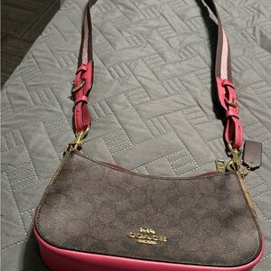 Coach Signature Brown and Pink Shoulder Bag